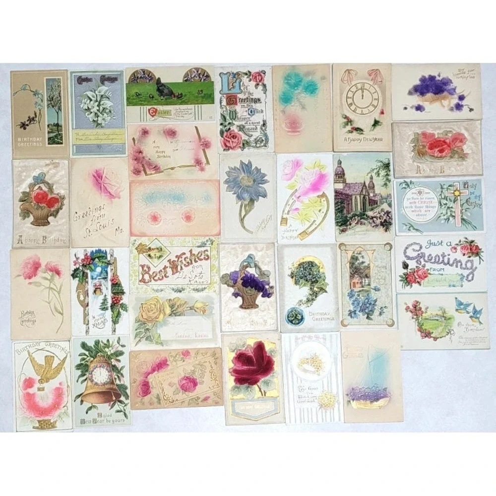 31 Vintage 3D Relief Embossed Postcards - Birthday, Easter, Greetings - Used